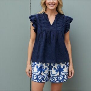 Farmers Market Navy Ruffle Blouse | Textured Floral | Lightweight Top